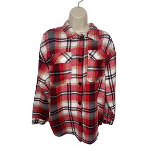 NO BOUNDARIES Junior's Large 11-13 Red Plaid Shacket Shirt Jacket